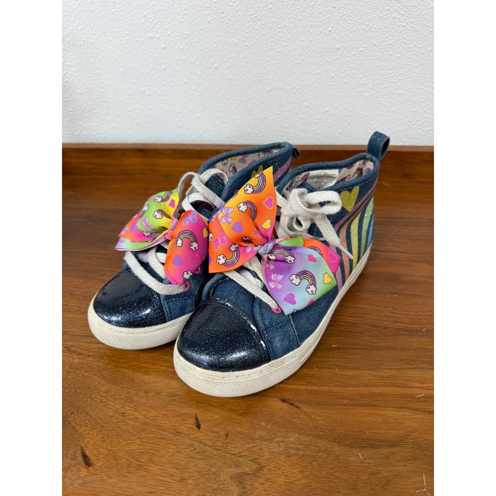 JoJo Siwa Girls Blue Denim Rainbow Glitter High Top Sneakers with Bows Size 3